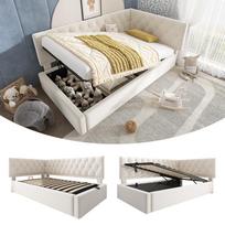 Upholstered Daybed 90x200cm, Sleeper Sofa with Hydraulic Storage, Children's Youth Bed Frame, Wooden Slatted Frame, Velvet, Beige, without Mattress 206 x 100 x 77 cm smėlis