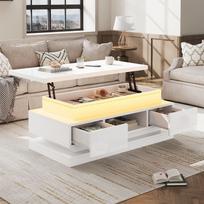 100*50*40cm Liftable Coffee Table with 2 Drawers, High-Gloss Side Table with LED, Sofa Table, Living Room Table with Hidden Storage, White, Chipboard 100 x 50 x 40 cm balta