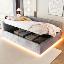 Apmušalas lovos 140 x 200 cm su LED apšvietimu, Type-C ir dviem USB jungtimis, L formos atlošas, aksomas, hidraulinis lovos rėmas, pilka (Čiužinys neįtrauktas) 213 x 147.5 x 68 cm pilka