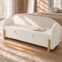 Bed Bench, Hydraulic Storage, 186 cm, White - Upholstered Chenille Bouclé Fabric, Soft-Close, U-Shaped Rubberwood Legs, 150 kg Capacity, 186x47x61 cm 186 x 47 x 61 cm balta