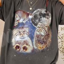 Three Manul Cat Retro Graphic Tshirt, Vintage Pallas Cat Moon Shirt, Oversized Wild Cat Tee, Funny Exotic Animal Top, Feline Gift for Him 100 gray