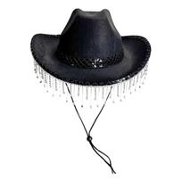 Romantic Wedding Cowboy Hat Rhinestone Accents Flowing Tassels Delicate Lace Trim Adjustable Adult Size balta