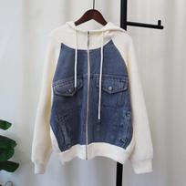 Autumn and winter new hooded splicing denim sweater jacket zipper knitted double-sided cardigan women average size gray