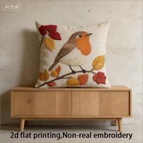 Autumn Robin Bird Pillow Cover 2D Print Fall Leaves Wildlife Cushion Case For Sofa Bed Couch Cozy Rustic Home Decor Short plush 18*18(CM)-1Pcs brown