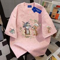 100% pure cotton cute wind cartoon tie-dye short-sleeved t-shirt for men and women in summer loose and thin round neck couple top ins S gray