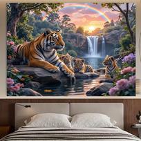 Tiger Family Waterfall Sunset Tapestry Natural Landscape Carpet Tropical Forest Rainbow Flowers Living Room Decoration 100X70CM gray