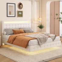 140*200cm Platform Bed, LED Ambient Light, Suspension, PU Material, Three-Level Height Adjustment of the Headboard, White 203.5 x 143.5 x 112 cm balta