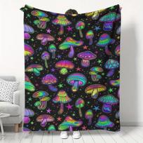 Fluorescent Mushroom Print Pattern Flannel Blanket Refreshing and Comfortable All-Season Flannel Throw Soft and Warm Fleece Blanket, Suitable for Sofa 75X95CM blue