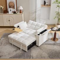 140,5*74*82cm Sofos-lova 3-in-1, Reguliuojamas atlošas, USB prievadas, 2 vietų svetainės dienos lova, Sulankstoma, Ištraukiama, Paslėptas staliukas, Puodelio laikiklis, Smėlio spalvos 140.5 x 74 x 82 cm smėlis