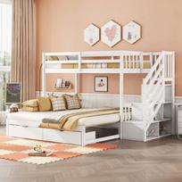 Bunk Bed, 90 x 200cm, Bed with Pull-Out Bed, Bed with Slatted Frame (without Mattress), Storable Steps, Two Drawers, Pine Wood, Minimalist, White 255 x 186 x 150 cm balta