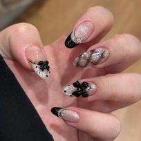 24Pcs French Almond Leopard Print Press On Nails With 3D Bow Wearable Stick On Fake Nails gray