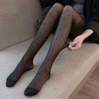 Pantyhose Woman Ultra Thin Red Heart-shaped Dots Sexy Stockings Breathable Comfortable Long Black Stockings for Women One Size juoda