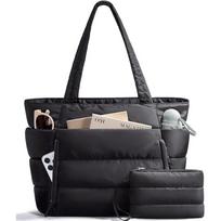 Large Capacity Puffer Tote Bag for Women with Coin Purse Water-resistant Puffy Handbag Casual Multiple Pockets Commuting Bags rožinė
