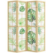 4-Panel Room Divider, Foldable, Boho Design, Tropical Motif, Freestanding Room Divider, Wooden Frame, Green 160 x 1.8 x 170 cm