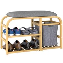Shoe bench with seat cushion, 2 slatted shelves and sliding fabric basket, 70x30x45cm, natural wood 70 x 30 x 45 cm