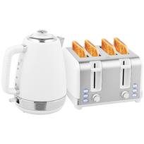 Kettle and toaster set, stainless steel kettle 1.7 L and 2200 W and 4-slice toaster, white 21.1 x 16.5 x 25.2 cm