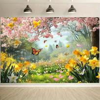 2D Flat,Cherry Blossoms Daffodils Butterflies Spring Garden Landscape Tapestry Floral Wall Art Living Room Decor VibrantSeasonal 100X70CM white