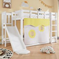 Bunk Bed, Wooden Bed with Stairs and Fences, with Bed Curtain, Slide, Children's Bed with Fall Protection and Guardrail, MDF+Pine, White, 90x200cm 244.5 x 165 x 140.5 cm balta