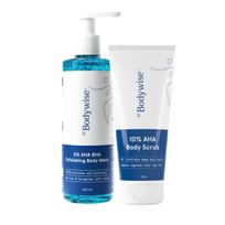 Be Bodywise 5% AHA BHA Detan Exfoliating Body Wash(250ml) & 10% AHA BHA Body Bathing Scrub(300g) | Reduces Strawberry Skin, Tan & Body Acne | Lac white
