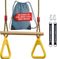 Premium 2-in-1 trapecija sūpynės vidaus/lauko vaikams iki 150 kg apkrovos su plastikiniais gimnastikos žiedais, reguliuojamo aukščio