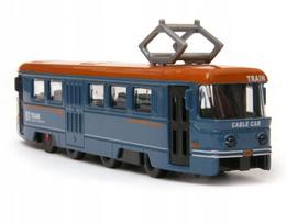 Retro metalinis tramvajus su garsu ir šviesa, mėlynas