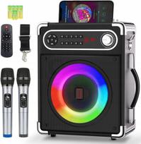 Nešiojama karaoke sistema su dviem mikrofonais ir bluetooth garsiakalbiu
