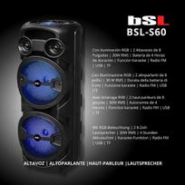 Belaidis garsiakalbis Bsl-s60 su Rgb apšvietimu, Fm radijas, Usb jungtis, karaoke funkcija su mikrofonu, 2 x 15w galia, baterijos veikimo laikas iki 4 valandų, ratukai transportavimui