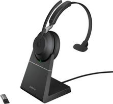 Jabra Evolve2 65 belaidės kompiuterio ausinės su įkrovimo stovu, triukšmo slopinimu, uc sertifikuotos mono ausinės su ilgai veikiančia baterija, usb-a bluetooth adapteris, juodos spalvos