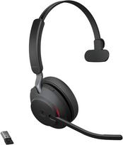 Jabra Evolve2 65 belaidės kompiuterio ausinės, triukšmo slopinimas, microsoft teams sertifikuotos mono ausinės su ilgai veikiančia baterija, usb-a bluetooth adapteris, juodos