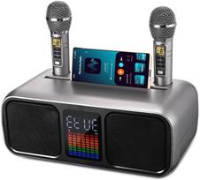 Gjcrafts karaoke aparatas vakarėlių kolonėlė su 2 belaidžiais mikrofonais, bluetooth karaoke kolonėlė su jutikliniu ekranu, led apšvietimu ir telefono stovu, karaoke kolonėlė vaikams su /usb/tf/au (sidabrinė)