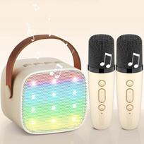 Karaokės aparatas su 2 belaidžiais mikrofonais, Wowstar nešiojamas bluetooth karaokės aparatas vaikams ir suaugusiems su balso keitimo efektais ir led lemputėmis, dovanos berniukams ir mergaitėms, namų vakarėliams (smėlio spalvos)