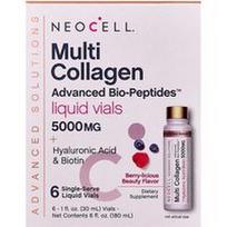 NeoCell, Pažangūs sprendimai, „Multi Collagen Advance Bio-Peptides™“, uogų skonio, 6 vienkartinės dozės skysčio buteliukai po 30 ml (1 skysčio uncija)