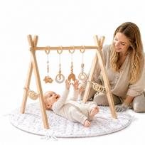 Kūdikio gimnastikos stovas su kilimėliu, 4 žaisliukais ir 8 ratukais, Montessori