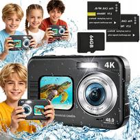 Skaitmeninis fotoaparatas 4K 48MP, atsparus vandeniui, su 64GB kortele, automatinis fokusavimas