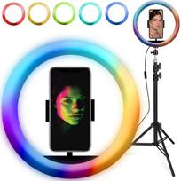 LED žiedinė lempa su stovu, nuotolinio valdymo pulteliu ir telefono laikikliu, 21 cm, RGB