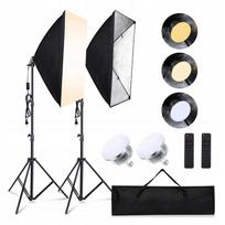 LED lempų rinkinys 2 x 850W, 5500K, su nuotolinio valdymo pultu, softbox 50x70 cm, E27, stovas 215 cm