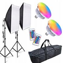 LED studijinių lempų rinkinys 2 x 400W RGB su 50x70 cm softboksais, stovais ir dėklu