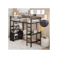 Lit haut - MUVOE - 90x200cm - Bureau intégré - Prise électrique et USB - Noir juoda