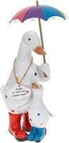 David's Ducks balta ir vaivorykštės spalvų taškuota ančių šeima: mama ir mažylis su skėčiu ir guminiais batais