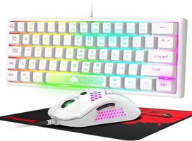 60% mini žaidimų klaviatūros ir pelės rinkinys, balta, qwerty išdėstymas rgb vaivorykštės led apšviesta mechaninė ergonomiška klaviatūra, 12000 dpi korio pelė usb laidinė, skirta pc nešiojamam kompiuteriui