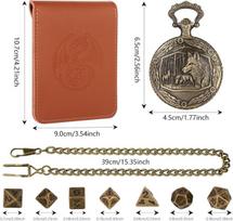 Mini dnd kauliukų rinkinys su steampunk vilko kišeninio laikrodžio dėklu, 7 dalių poliedrinių metalinių d&d kauliukų rinkinys, dnd dovanos su odiniu maišeliu žaidėjams, rpg, mtg, vaidmenų žaidimų priedai, bronzinis
