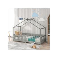 Lit d'enfant - MUVOE - 200x90cm - Bois massif - Gris - Barrière de sécurité pilka