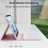 Kvtvou klaviatūros dėklas, skirtas ipad 11th/10th generation (2025/2022), bluetooth jungtis, nuimama belaidė klaviatūra, rgb 7 spalvų apšvietimas, qwertz išdėstymas, įmontuotas rašiklio laikiklis, rožinis