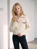 Sinsay - Briaunotas half-zip megztinis su takso siuvinėjimu - kreminė