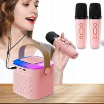 Mini karaoke aparatas su 2 belaidžiais mikrofonais vaikams/suaugusiems, rožinis