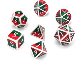 Dollatek 7 dalių dnd žaidimo daugiabriaunių d & d kauliukų rinkinys, pagamintas iš tvirto metalo, su laikymo krepšiu ir cinko lydiniu su emaliu vaidmenų žaidimams, požemiams ir drakonams (dviejų spalvų mišinys, raudona ir žalia)