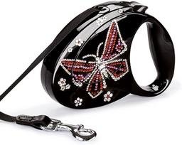 Automatinis FLEXI pavadėlis su Swarovski drugeliu, juodas, S dydis