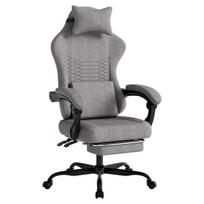 Medžiaginė ergonominė žaidimų kėdė su masažo funkcija, galvos atrama ir kojų atrama, šviesiai pilka