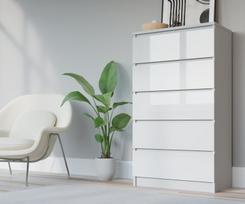 Komoda 3xEliving DEMI su 5 stalčiais, 70 cm, spalva: Baltas/baltas blizgesys