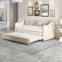 Polsterinė sofa lova 90x200 cm, išskleidžiama sofa-lova, medinis grotelių pagrindas, smėlio linen